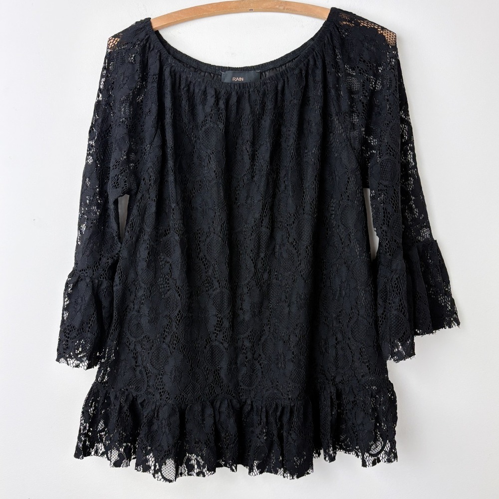 RAIN Lace Flared Sleeve Top Womens S‎ Black Ruffles Whimsygoth Romantic Fairy
